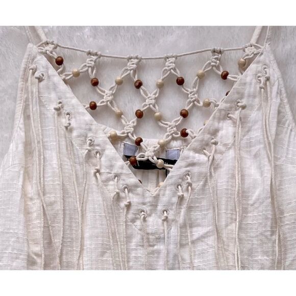 NWT Zara Beaded Macrame Knot & Fringe Cotton V-Neck Top in Ecru, Size XS - Picture 11 of 15
